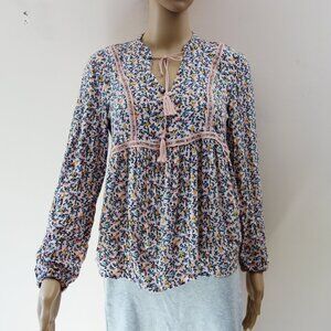 Mudd V neck Front Tie Pink/ Green Floral Peasant Blouse (Junior M) NWOT!